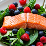 **Panel/Section 1 (Nutrition):** A close-up of a diverse, colorful, and healthy meal (e.g., berries, leafy greens, salmon) with subtle, ethereal DNA strands emerging from the food, symbolizing its direct genetic impact.
