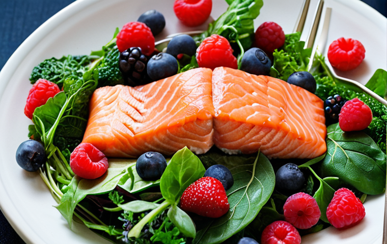 **Panel/Section 1 (Nutrition):** A close-up of a diverse, colorful, and healthy meal (e.g., berries, leafy greens, salmon) with subtle, ethereal DNA strands emerging from the food, symbolizing its direct genetic impact.