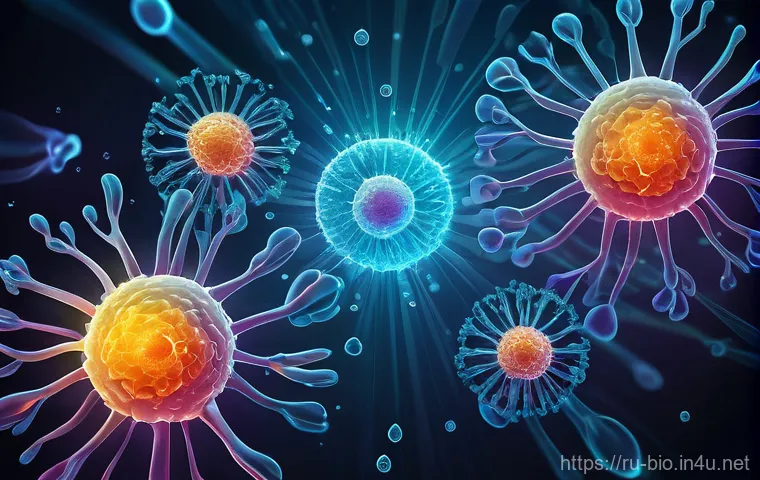 항체 치료제 개발 - The Microscopic Dance of Protection**
A highly detailed, elegant digital illustration from a microsc...