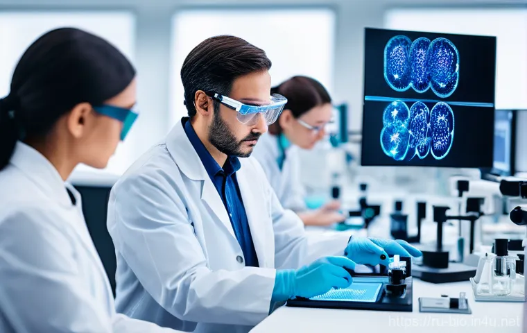 항체 치료제 개발 - The Microscopic Dance of Protection**
A highly detailed, elegant digital illustration from a microsc...