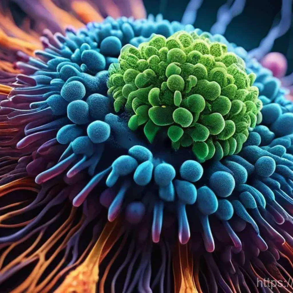 바이러스 감염 기전 - **Prompt:** A vibrant, highly detailed microscopic view depicting the initial stage of a viral infec...