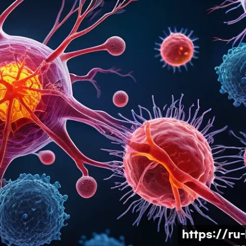 면역계의 작동 원리 - A detailed scientific illustration of human immune cells interacting with pathogens: focus on macrop...