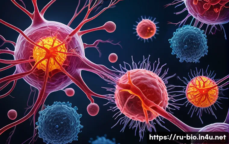 면역계의 작동 원리 - A detailed scientific illustration of human immune cells interacting with pathogens: focus on macrop...