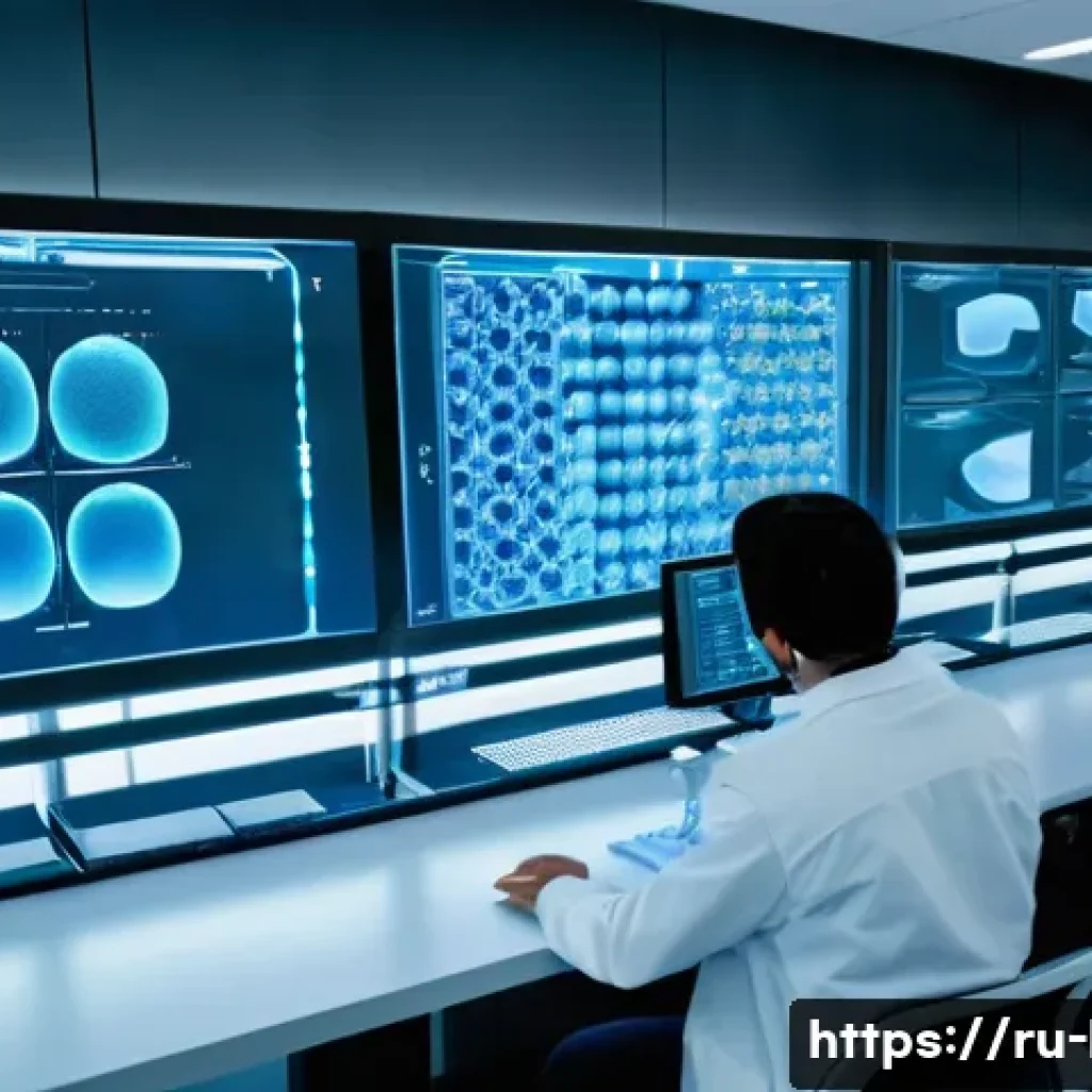 단백질 공학과 치료제 - A high-tech laboratory scene showing scientists working on protein design using advanced computer mo...