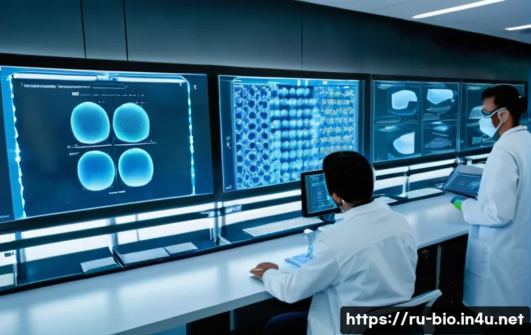 단백질 공학과 치료제 - A high-tech laboratory scene showing scientists working on protein design using advanced computer mo...