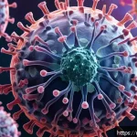 코로나바이러스 변이 - A detailed scientific illustration of coronavirus variants emerging from a central virus particle, s...