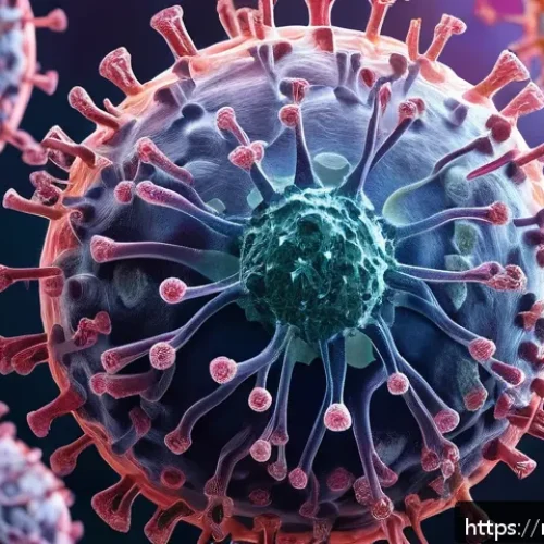 코로나바이러스 변이 - A detailed scientific illustration of coronavirus variants emerging from a central virus particle, s...