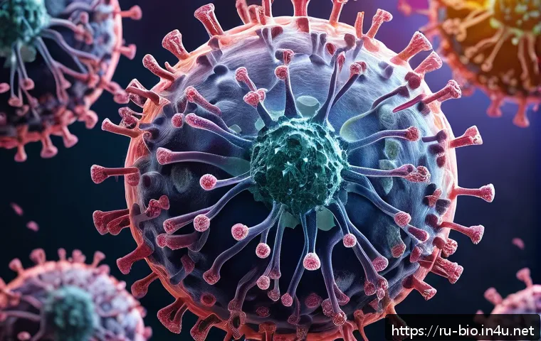 코로나바이러스 변이 - A detailed scientific illustration of coronavirus variants emerging from a central virus particle, s...