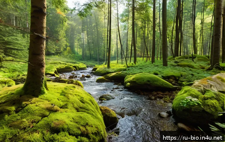 생태계 서비스 개념 - A serene Russian forest ecosystem in early autumn, featuring diverse tree species with vibrant folia...
