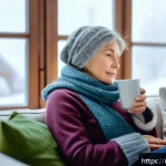 인플루엔자 바이러스 - A cozy indoor scene showing a middle-aged Russian woman resting on a sofa at home during a cold wint...