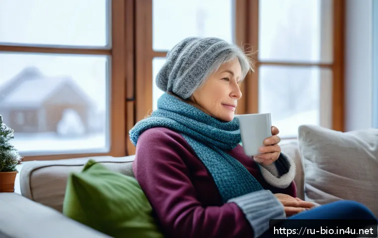 인플루엔자 바이러스 - A cozy indoor scene showing a middle-aged Russian woman resting on a sofa at home during a cold wint...
