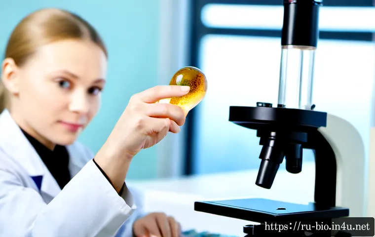 Home 17 미토콘드리아 DNA - Photorealistic scientific laboratory scene, close-up of a clear glass microscope slide with a softly...