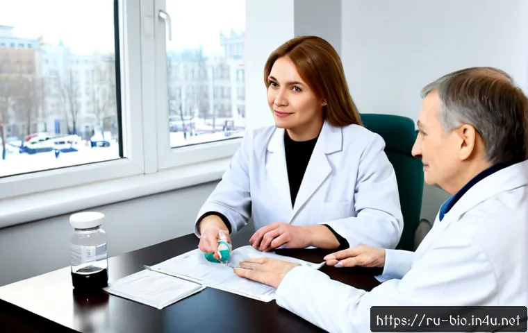 Home 17 줄기세포 치료법 - Photorealistic regenerative medicine consultation in a modern Moscow clinic, compassionate middle-ag...