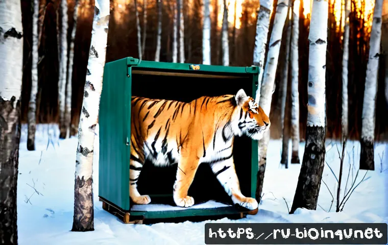Home 17 멸종 위기종 복원 - Photorealistic wildlife conservation scene in a Russian Far East forest reserve, a rare Amur tiger w...
